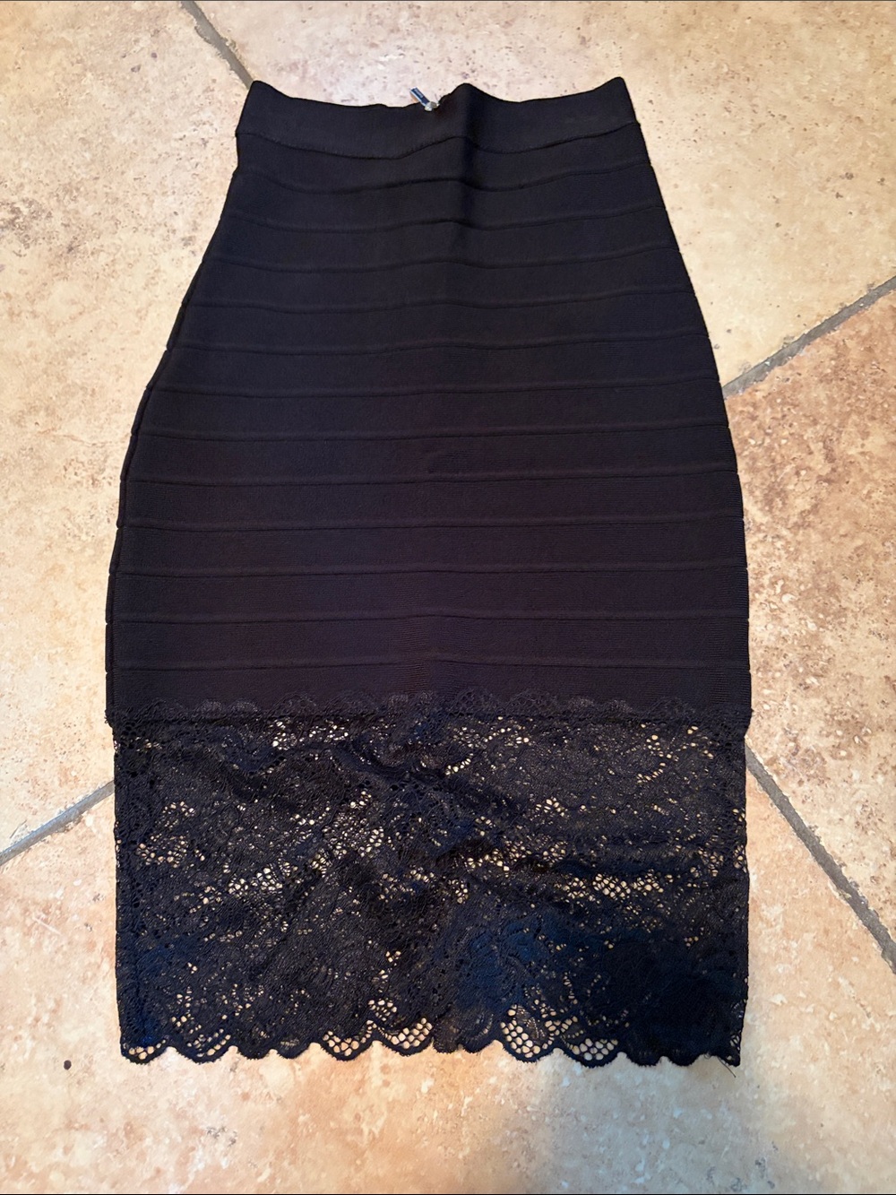 bebe Black Midi Skirt with Lace Trim